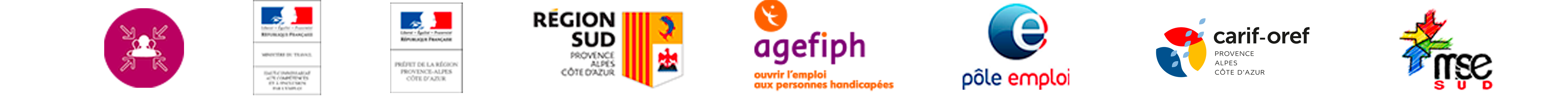 Logos des différentes partenaires de la RHF Paca : Etat, Région, Agefiph, Pole emploi, Oref-Carif, Mse-Sud